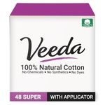 Veeda 100% Natural Cotton Tampons - Super Absorbency with leak proof protection - Compact BPA-Free Applicator - Unscented & Free from Chlorine, Toxin - 48 Count