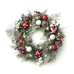 Valery Madelyn Pre-Lit Christmas Wreath for Front Door with Lights, 24 Inch Large Lighted Christmas Wreath with Red White Xmas Balls Berries for Fireplace Window Outdoor Table Centerpiece Decoration