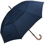 G4Free Wooden J Handle Classic Golf Umbrella Windproof Auto Open 52 Inch Large Oversized Double Canopy Vented Rainproof Cane Stick Umbrellas for Men Women - Blue