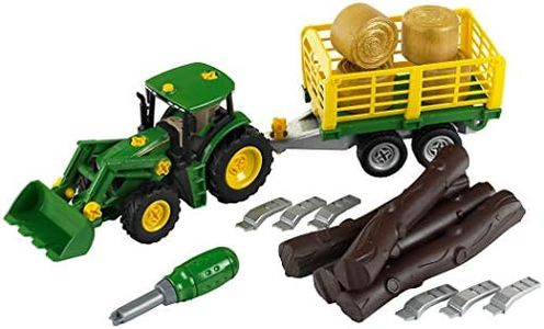 Theo Klein 3906 Trattore John Deere con carro per Legno e Fieno, Set di Viti con cacciavite I Dimensioni- 47 cm x 10,50 cm x 12 cm I Giocattoli per Bambini dai 3 Anni in su