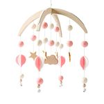 Mobile Baby Wood with Felt Balls, Baby Mobile Wind Chime, Bed Bell Pendant for Baby Crib, Nursery Decoration, Gift for Baby Girl and Boy (Pink)