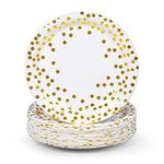 MATICAN Party Paper Plates, 50-Pack Disposable White and Gold Plates, Foil Polka Dots, 9-Inch