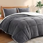 Queen Size Micromink Sherpa Comforter Set 3-Piece Ultra Soft Plush Bedding Set with 1 Comforter and 2 Pillowcases, Reversible Design - Cozy and Stylish (Charcoal, Queen)