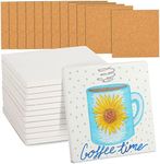 4 Inch Square Ceramic Tiles for Crafts with Cork Backing Pads, 12 Pack of Unglazed White DIY Coasters for Painting