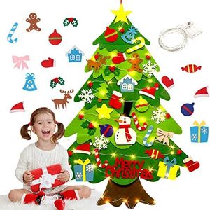 DIY Felt Christmas Tree Set,Geli 4ft Family 3D Fake Xmas Tree with 32 Pcs Ornaments 20 LED Lights Detachable Christmas Ornaments for Home Door Wall Hanging Christmas Decorations