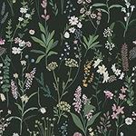 Floral Wallpaper Peel and Stick Wallpaper Black/Green Vintage Self Adhesive Wallpaper Vinyl Removable Wallpaper for Bedroom Cabinet Furniture 17.3" X 118"