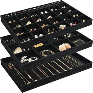 ProCase 3 Set Jewelry Trays Stackable Organizer for Drawer Vanity Dresser, Jewelry Display Storage Tray for Ring Necklace Earring Watch with Removable Dividers -All Black