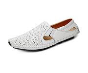 Asifn Mens Leather Driving Loafer Lightweight Slip-on Perforated Breathable Walking Boat Shoes Flat Slippers Outdoor Moccasin 10-10.5 White,10.85" Heel to Toe