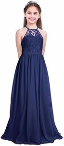 FEESHOW Girls' Halter-Neck Floral Lace Junior Bridesmaid Dress Party Wedding Long Gown 12 Navy Blue