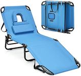 Multigot Folding Sun Lounger, 5-Position Adjustable Reclining Chair Tanning Chair with Face Hole and 3 Removable Pillows, Outdoor Sunbathing Face Down Chaise Chair for Beach Patio Poolside (Blue)
