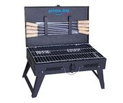 VINR Briefcase Style Traveler Foldable Charcoal Barbeque Grill Set Tandoor | Smoking Kebab Maker | Barbeque Grill Set For Home | Portable Both Indoor and Outdoor with 8 Wooden Handle Skewers (Black)