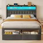 Rolanstar Queen Bed Frame with Drawers, Storage Headboard with Charging Station and LED Lights, Upholstered Bed with Heavy Duty Wood Slats, No Box Spring Needed, Noise Free, Easy Assembly, Dark Grey