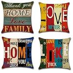 DOOGA Pack of 4 Decorative Pillow Covers Love Life Pillowcases Solid Square Cushion Cover Cotton Linen Throw Pillow Covers Home Decor for Sofa Car Bedroom 18x18 Inch (Love Home Colourful, 45x45CM)