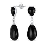 Classic Simple Gemstone Dangle Delicate Double Teardrop Genuine Black Onyx Drop Earrings For Women .925 Sterling Silver