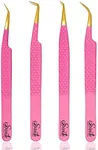 SIVOTE Fiber Tip Lash Tweezers for Eyelash Extensions with Diamond Grip, Pink, Set of 4 - Precise Tips Japanese Steel for Classic, Volume & Mega Volume Lashes, Anti-Rust - Ideal for Lash Artists