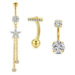 3pcs Belly Button Rings Gold 10mm Navel Bars with Dangle Crystal Surgical Steel Piercing Jewellery