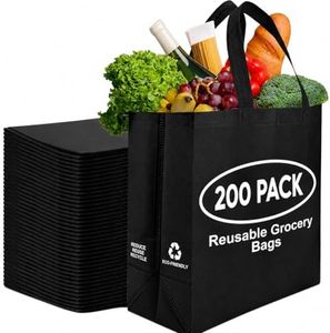 Simply Cool 200 Pack Black Reusable Eco-Friendly Large Grocery Shopping Bags 14.5"x14"x6.6" Durable Recyclable Shopping Bags Washable Foldable Portable Tote Bags Bulk