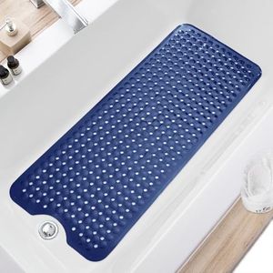 TEESHLY Bath Tub and Shower Mats, Non Slip 40 x 16 Inch Extra Large Bathtub Mat, Machine Washable Bathmat with Drain Holes, Suction Cups for Bathroom Floor, Navy Blue