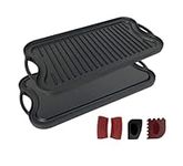 Pinnacle Cookware - Pre-Seasoned Cast Iron Reversible Grill/Griddle Pan Cookware | 51cm x 25cm | for Gas/Electric Hobs | BBQ Griddle Hot Plate/Pan/Tray | Oven Proof | Side Handle Covers and Scrapers