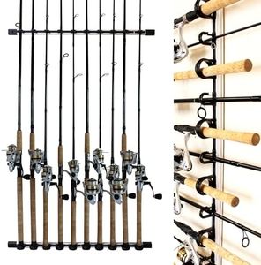 Rush Creek Creations Fishing Rod Holder for 10 Rods, Fishing Pole Holder for Garage Organization and Wall Storage, for Fishing Reels, Fishing Gear, and Fishing Accessories (Vertical/Horizontal Rack)