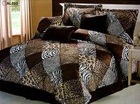 7 Piece KING Size Safari Comforter set - Zebra, Giraffe, Leopard, Tiger Etc - Multi Animal Print Bed in a Bag Brown Beige Black White Micro Fur Bedding