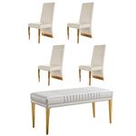 AZhome 5 Pieces Dining Room Bench Sets, White PU Leather Ottoman with 4 White Faux Leather Channel Back Dining Chairs