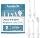 AquaSonic Aqua Flosser Replacement Tips – 5 Tips, 4 Tip Types: Standard, Periodontal, Orthodontic & Tongue Scraper - Genuine, Authentic Parts (White)