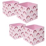 OHS Pack of 4 Rainbow Print Kids Storage Toys Games Box Clothing Space Saving Foldable Organiser Cube, Blush Pink