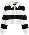 SweatyRocks Women's Long Sleeve T-Shirt Button Front Striped Polo Shirt Black White M
