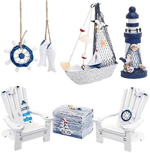 Queekay 7 Pieces Wooden Lighthouse Mini Sailboat Anchor Fish Hanging Starfish Model Christmas Tree Ornament Decoration Aquarium Tank Office Garden Landscape, Blue, White