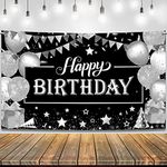 KatchOn, Happy Birthday Banner Black and Silver - 72x44 Inch | Black and Silver Birthday Banner | Happy Birthday Backdrop Men for Black Happy Birthday Decorations | Black and Silver Party Decorations