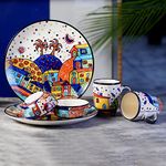 Freakway Hut Family Hand-Painted Ceramic Plates Thali 2 Dinner Plates in 10 Inch with 2 Katoris & 2 Coffee Mug (6 Pieces, Dishwasher & Microwave Safe) -