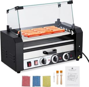 Garvee Hot Dog Roller with Warming Drawer, 5 Rollers 12 Hot Dog Capacity, 1050 Watt Stainless Steel Sausage Grill with Dual Temperature Control Removable Drip Tray and Glass Cover for Parties