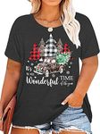 Plus Size Christmas Tops Women Merry Christmas Shirt Xmas Buffalo Plaid Tree T-Shirt Oversized Graphic Tee, Darkgrey2, XX-Large