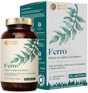 Nature Basics® ferro naturale certificato e sostenibile in un barattolo | 180 (!) capsule altamente dosate | 14mg di ferro e 80mg di vitamina C per capsula | puro da foglie di curry e rosa canina