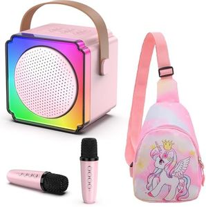 Mini Karaoke Machine, Portable Karaoke Machine with 2 Wireless Microphones, for Kids, Adults, Girls, Boys Birthday Easter Toys, Ages 3-12+ Years, Bluetooth Speaker, 1 Bag, Party Use (Pink)