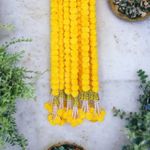 Abhaas Indian Handmade Artificial Marigold Flowers for Decoration Long Garlands for Decoration Toran Indian genda phool for Wedding & Festivals with Bells and Rajnigandha (5 Ft/ 5 Strings/Yellow)