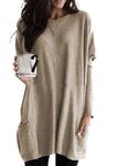 GRASWE Women's Round Neck Long Sleeve Tops Loose Pocket Pullovers Warm Solid Sweatshirtss Khaki 2XL