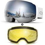 Odoland Ski Goggles for Men and Women Boys Frameless Snowboard Goggles with Magnetic Interchangeable Lens OTG Design UV Protection Helmet Compatible for Skiing Silver VLT 10% + Yellow VLT 83%