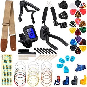 Guitar Accessories Kit Qoosea [67 Pack] Acoustic Guitar Accessories Include Capo Tuner Guitar Strings 3 in 1 Winder Bridge Pins 6 String Bone Saddle Nut Finger Picks Guitar Sticker Adjustable Strap