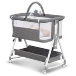 Baby Bassinet,3 in 1 Bedside Bassinet for Baby with Hanging Toys,Foldable Baby Bassinets Bedside Sleeper,4-Sided Mesh Bedside Crib with Wheels and Storage Basket,7 Height Adjustable (Light Grey)