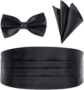 BlingKingdom Men's Satin Cummerbund Pretied Bow Tie Breast Pocket Handkerchief Set for Special Occassions, Black, One Size