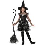 Spooktacular Creations Kids Witch Costume, Girl Black Glittery Witch Costume, Witch Dress with Broom Hat Tights for Toddler Girls Halloween Party Role Play(Large(10-12 yrs))