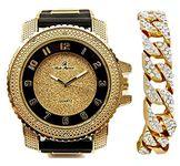 Charles Raymond Bling-ed Out Black Rubber Hip Hop Bullet Gold Tone Watch w/Bling'd Out Gold Cuban Bracelet - 7758RB Cuban, black and gold, mens, hip hop, iced out, bling