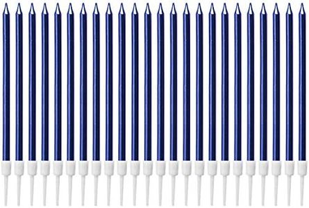 LUTER Métallique Bougie Longue Chandelle Bleu Bougies d'anniversaire avec Support Bougies de Gâteau pour la décoration de fête de Mariage d'anniversaire(24 Pièces)