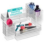 Clear Drawer Organiser Trays Set – Makeup Organiser Tray for Drawers – Versatile Makeup, Cosmetics, and Utensil Storage for Bedroom, Office, and Kitchen- Cutlery Set Divider In 4 Sizes (24 PCS)