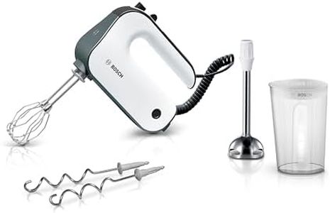 Bosch Handrührgerät, 2 Rührbesen, 2 Edelstahl-Knethaken, spülmaschinenfest, Spiralkabel, Pürierstab, Mixbecher, 5 Stufen, Turbostufe, leicht, stark, 850 W, weiß, MFQ49700