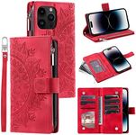 Mavis's Diary Compatible with iPhone 13 Pro Max Case Wallet for Women, Mandala Floral Embosssed PU Leather Folio Zipper Cover Magnetic Flip Book Case with Card Holder Wrist Strap (Red)