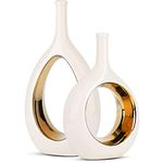 White and Gold Vase Ceramic White Vases Home Decor,Modern Minimalist Circle with Hole Decorative Vase, Hollow Ellipse Flower vases for Bookshelf, Fireplace Mantle, Centerpieces,Farmhouse,Rustic Décor