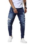 Linvich Men's Ripped Skinny Jeans Distressed Washed High Waist Slim Fit Jeans Stretchy Tight Dark Blue Tapered Denim Jeans